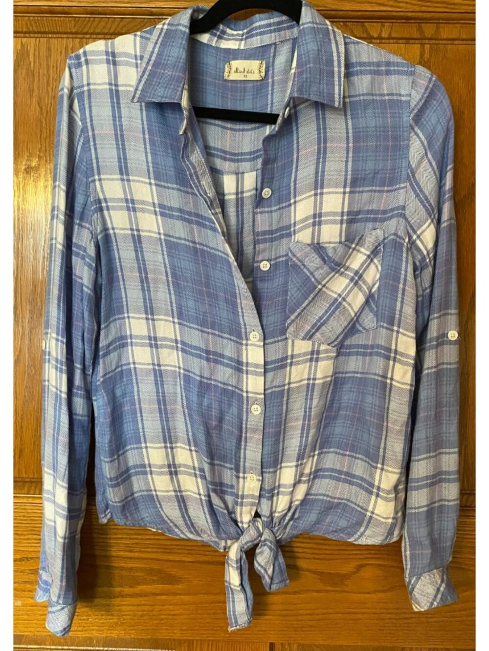 Altar'd State Shirt Women's XS Tie Front Blue Plaid Long Sleeve Shirt NWOT